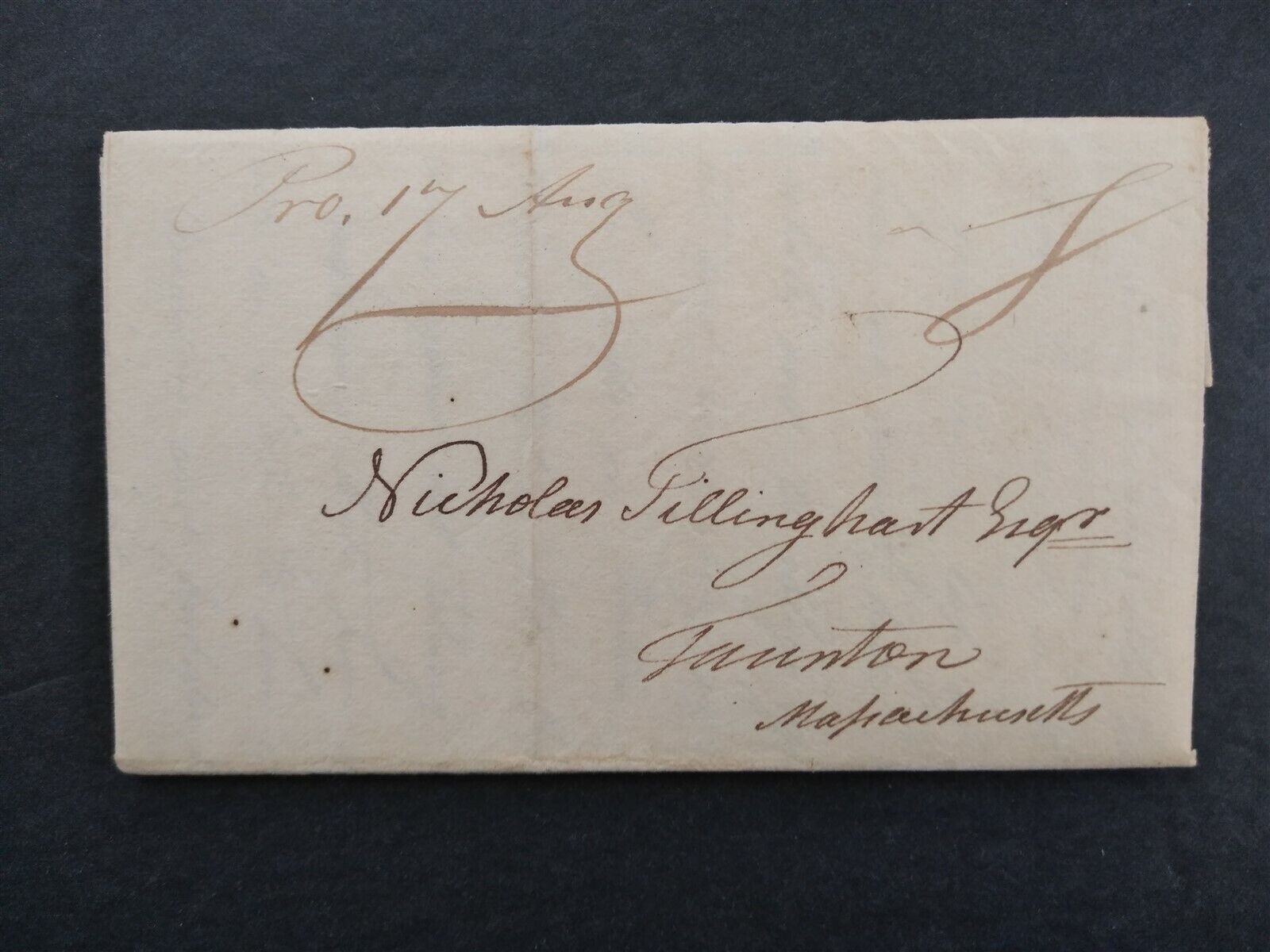 RI: Providence 1809 08/17 Stampless Cover, Ms & 8c Rate to Taunton, Ma