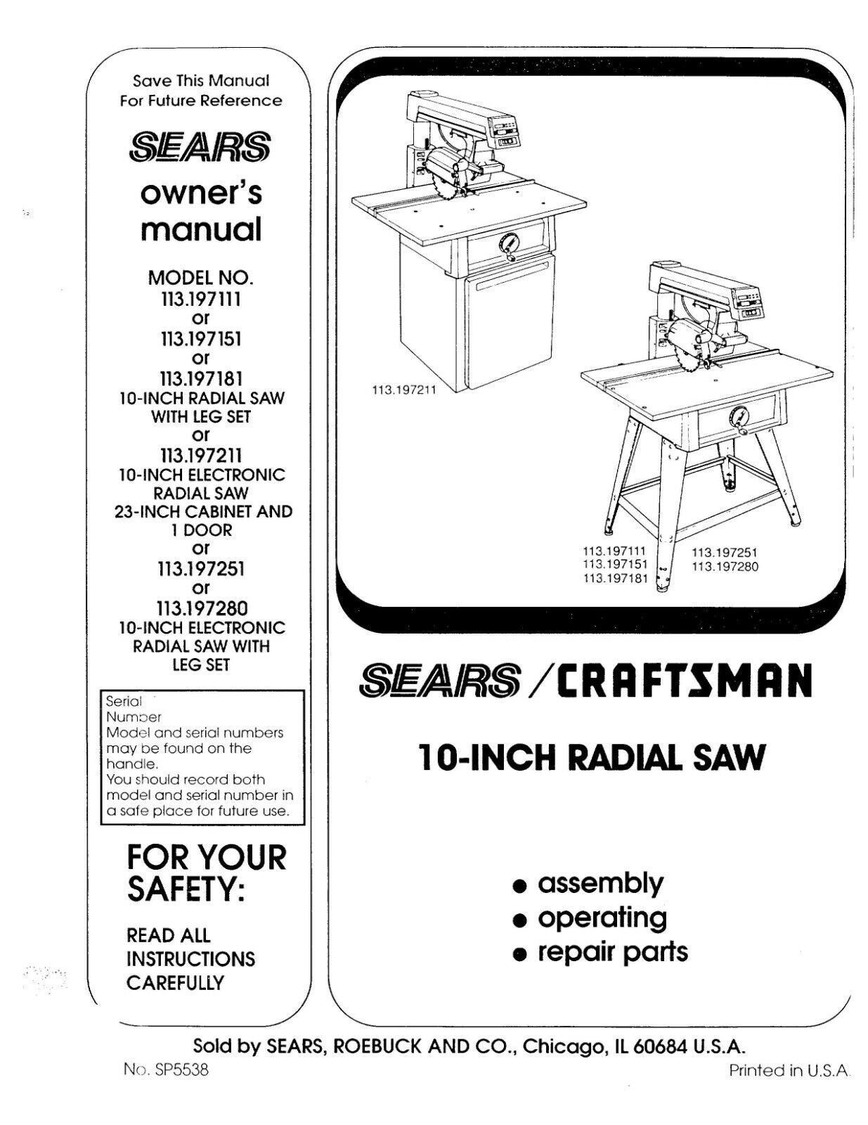 Operators Instruction Maint Owners Manual Craftsman 10\