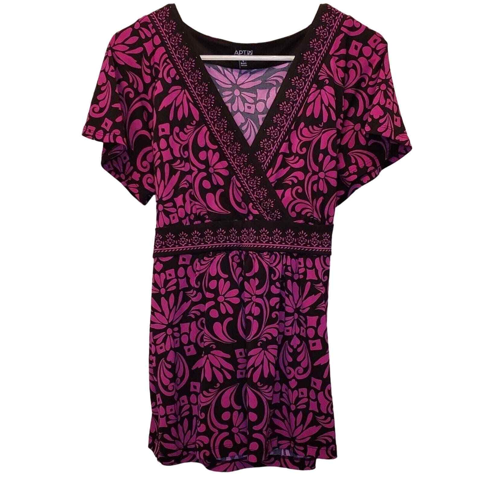 Vintage Y2K Apt. 9 Womens sz L Short Sleeve Blouse Pink Black Floral