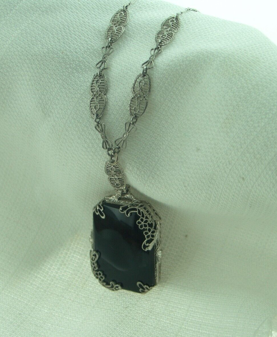 Pretty  Antique Chromium Necklace Filigree with Onyx Dangle