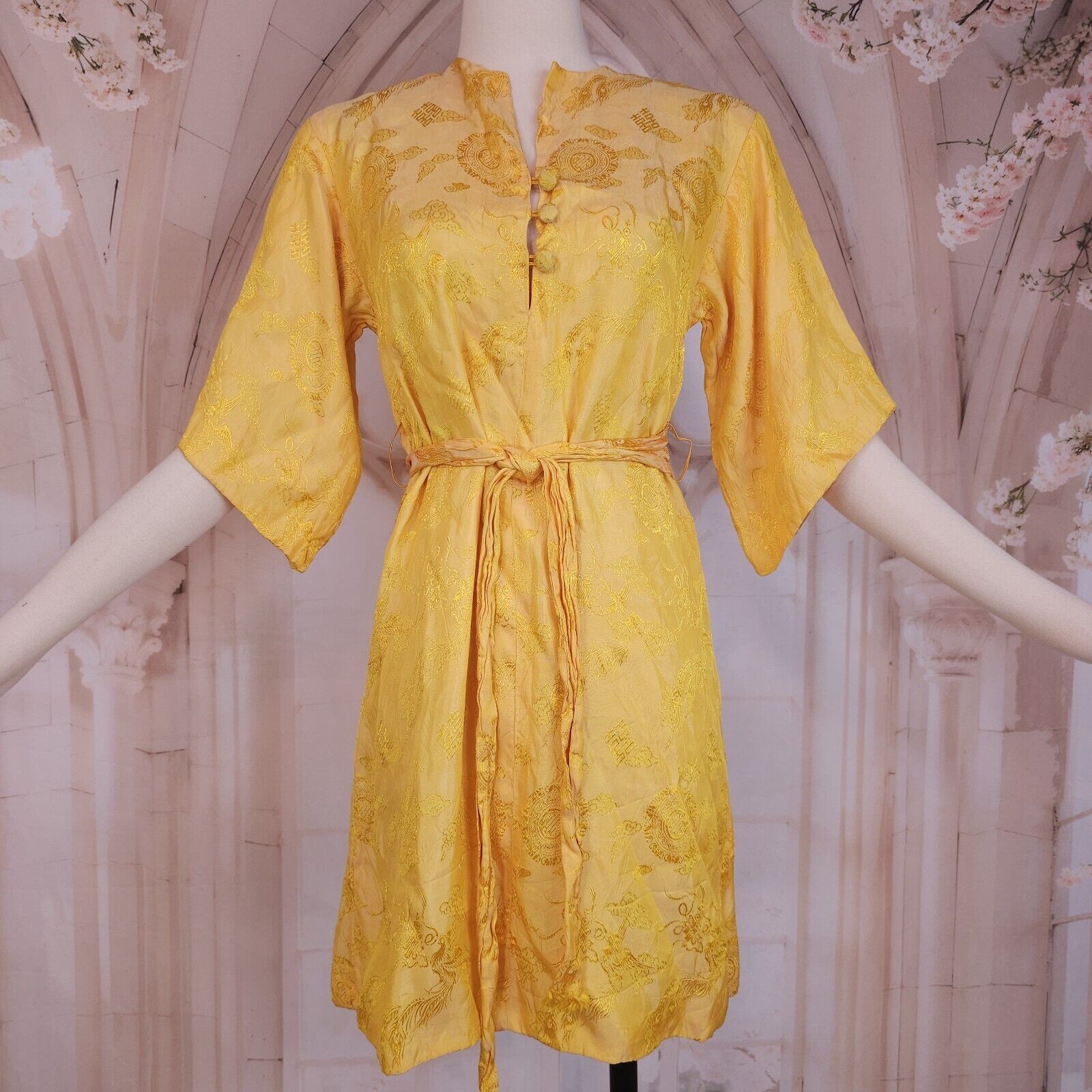 Vintage 1940s 1930  Japanese Chinese Silk Yellow Dress Dressing Gown Phoenix WW2