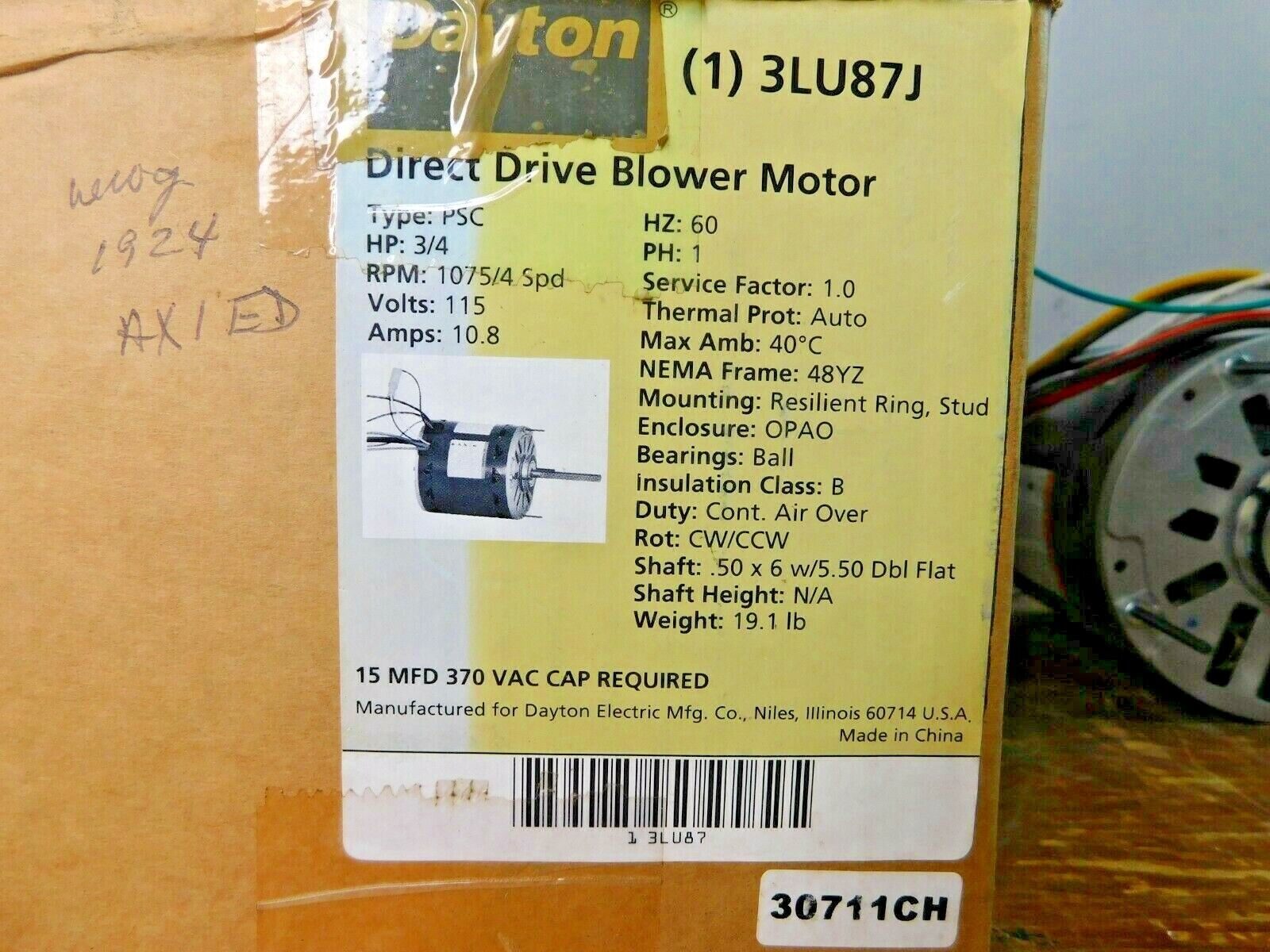 Dayton PSC Direct Drive Blower Motor 3/4 HP 1075 Rpm 4Speed 115 V 10.8 Amps NIB