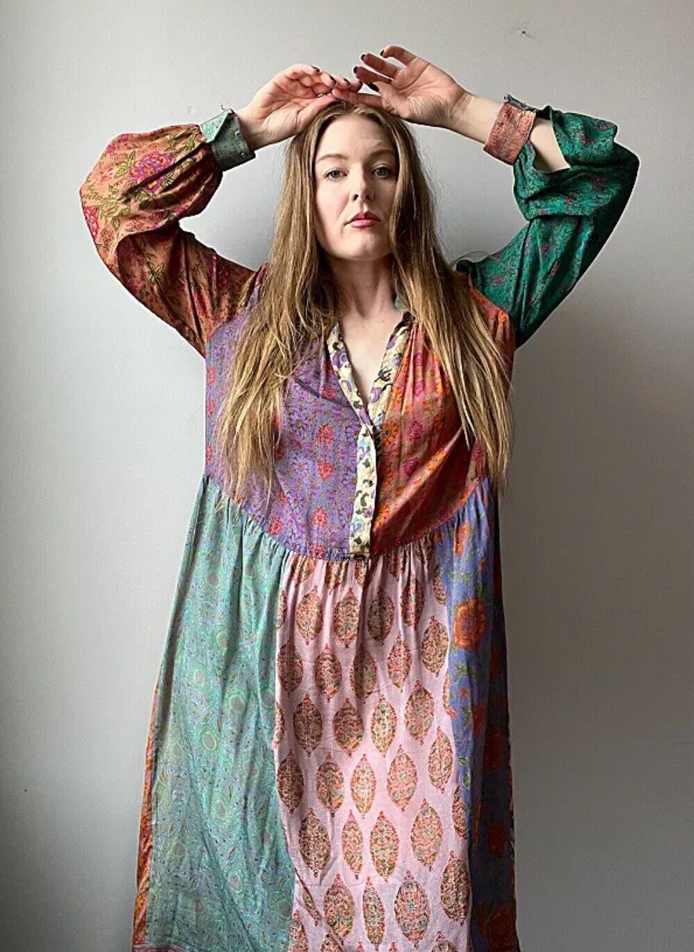 Vintage 70s Judith Ann Heiser Egan Patchwork Silk Scarf Bohemian Midi Dress S M