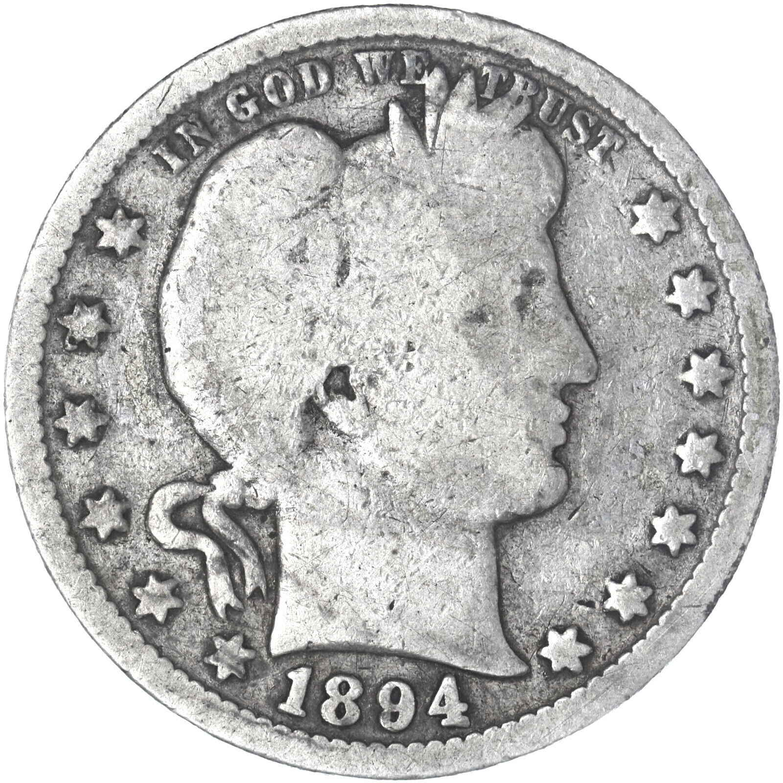 1894 (P) Barber Quarter 90% Silver Good GD See Pics D328
