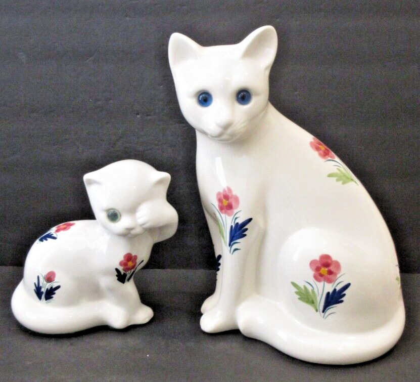 VINTAGE ELPA Alcobaca White Cat & Kitten Figurine Set Hand Painted Portugal 1974