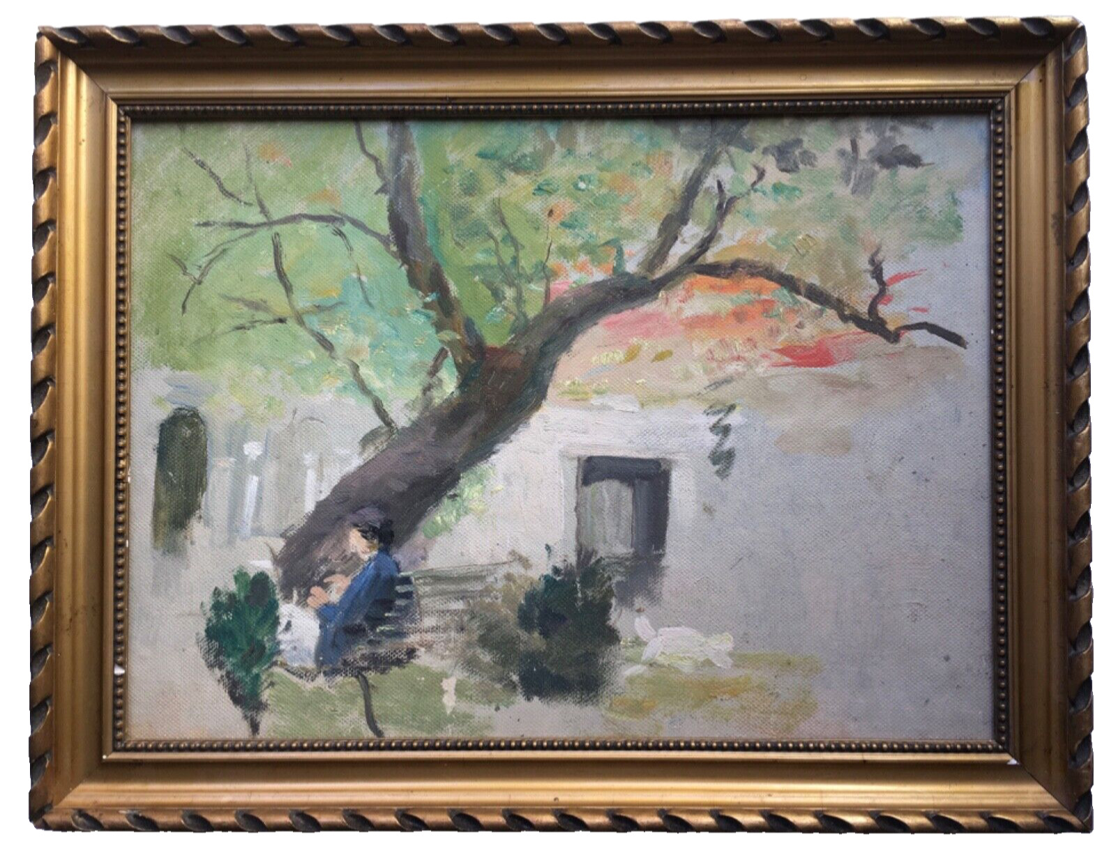 Early 20thC French impressionism Landscape Woman sitting Bench Tree Oil painting
