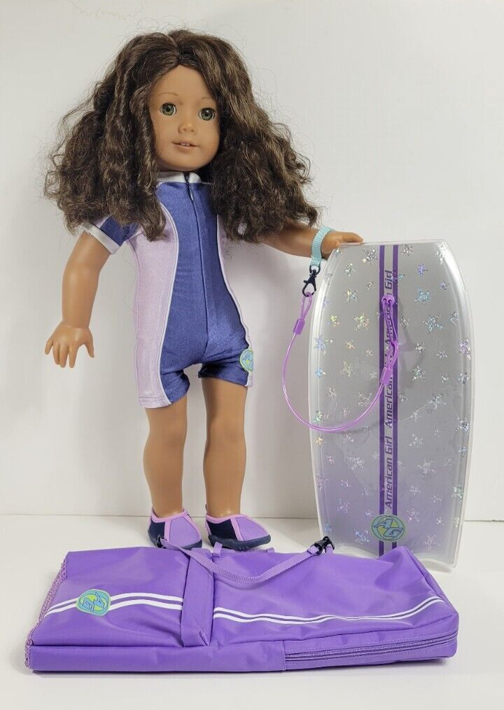 American Girl Doll Curly Brown Hair Hazel Eyes w Wetsuit and Boogie Board