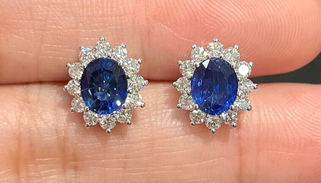 Natural Sapphire and Diamond stud earring 14k Solid White Gold