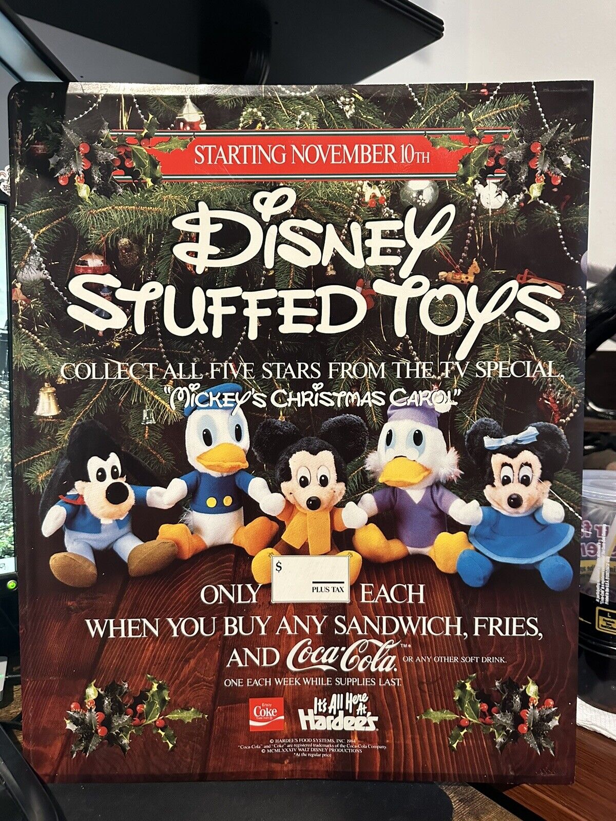 Vintage Hardees 1984 Disney Mickeys Christmas Carol Metal Ad Figures Sign 17x14”