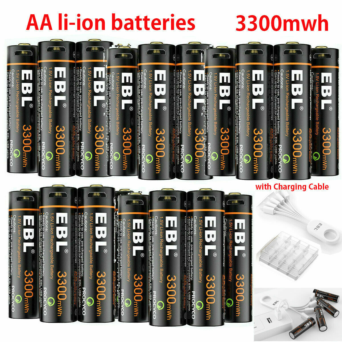 Lot EBL 1.5V USB Rechargeable AA Lithium Battery 3300mwh Li-ion Batteries +Cable