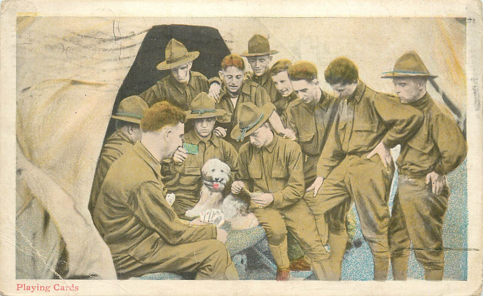 WWI Postcard U.S. Soldiers Playing Cards With Dog Mascot