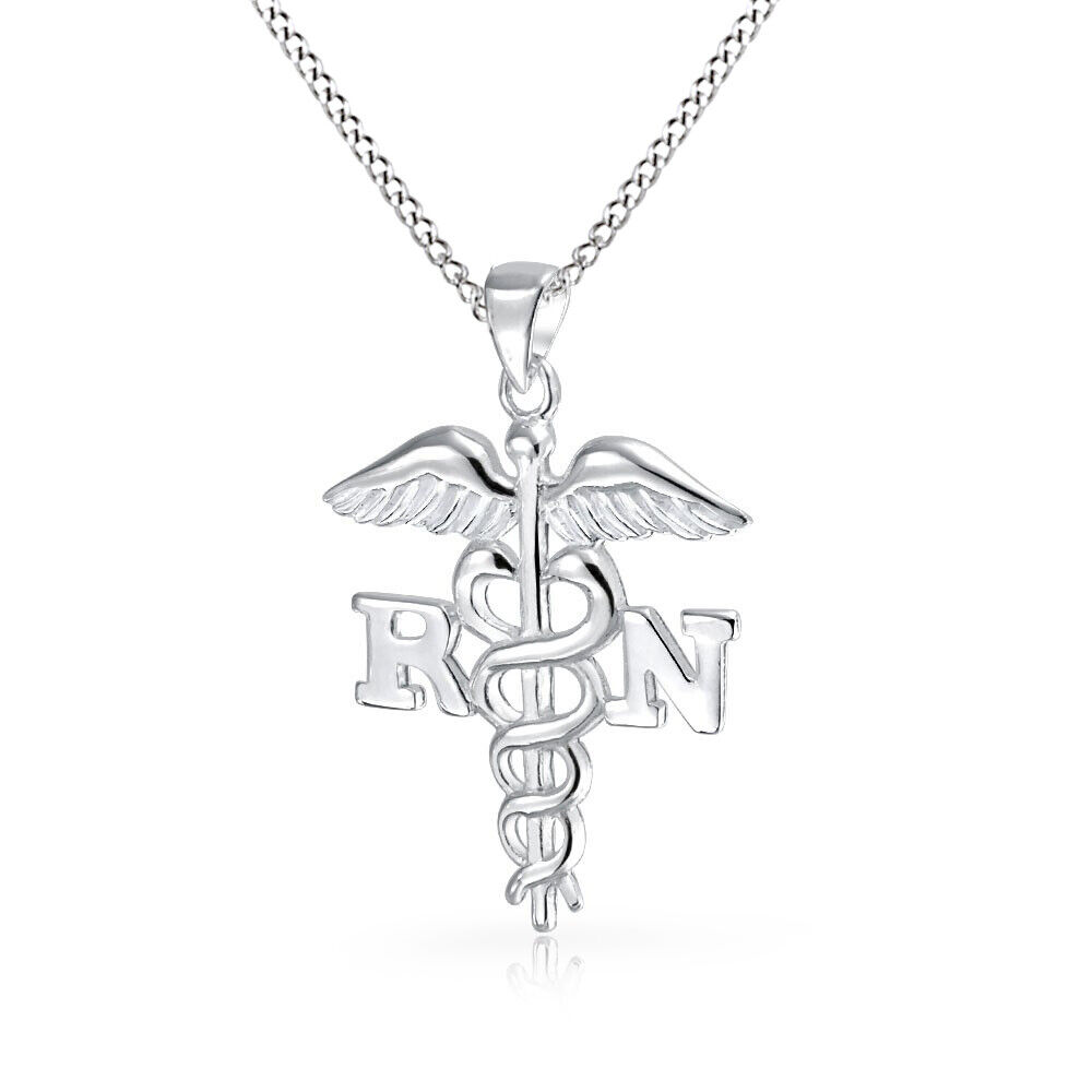 925 Sterling Silver Registered Nurse Symbol Rn Caduceus Pendant Necklace 18\