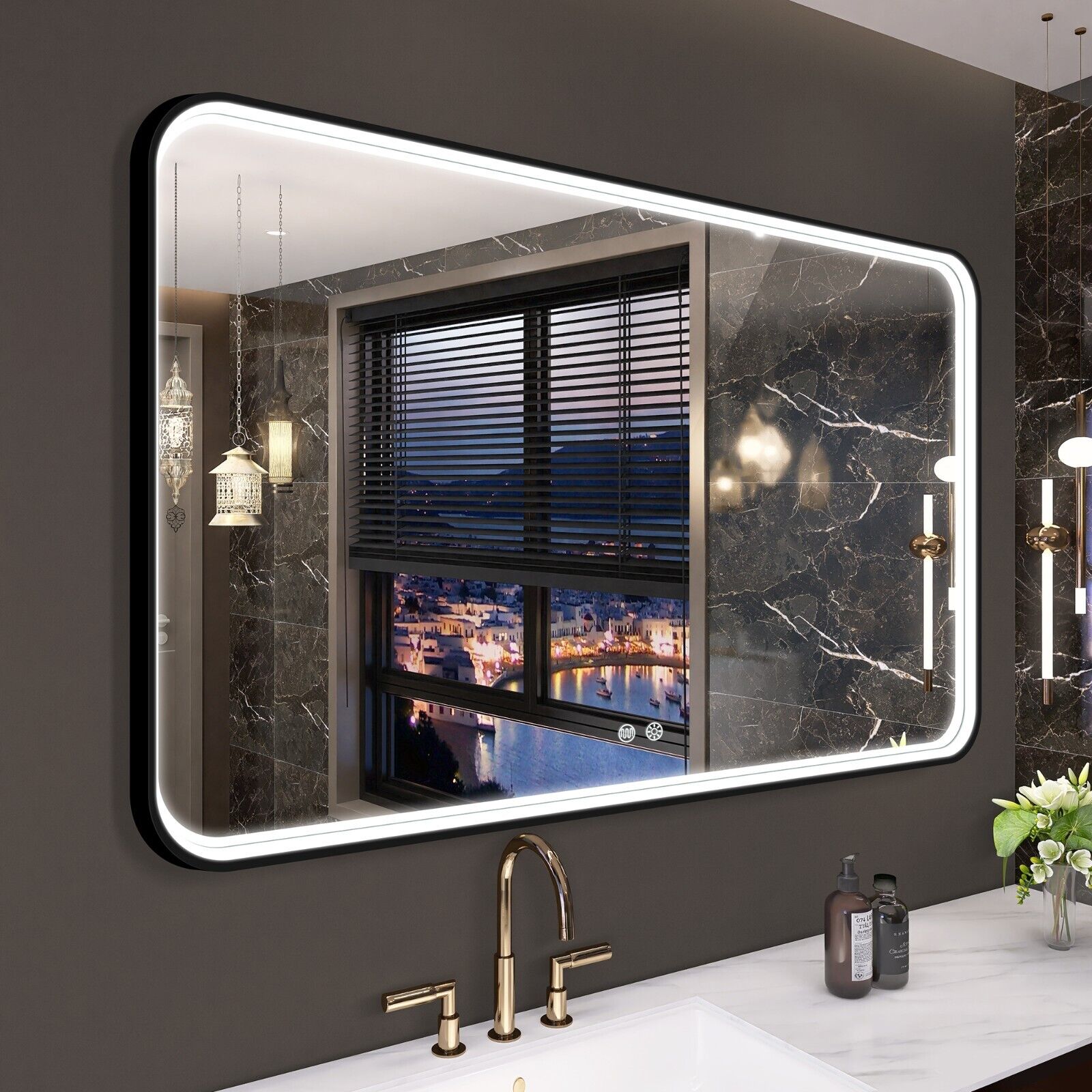30*48in Matte Black LED Bathroom Mirror Vanity 3 Color Temperature Anti-fog Plug
