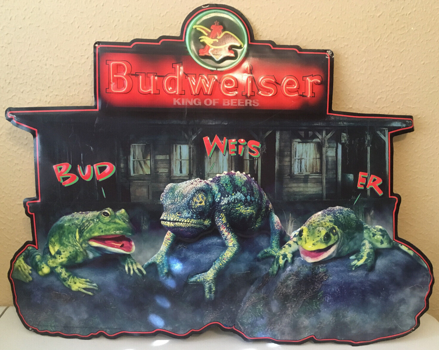 Vtg 1999 Budweiser King of Beers Metal Tin Frogs & Lizard Beer Sign 32” x 24”