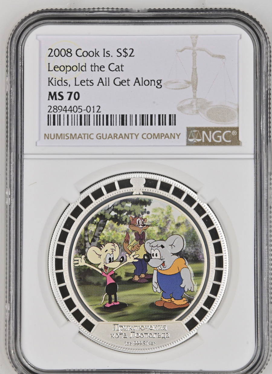 2 DOLLARS 2008 COOK ISLANDS LEOPOLD THE CAT KIDS SILVER PROOF NGC MS70
