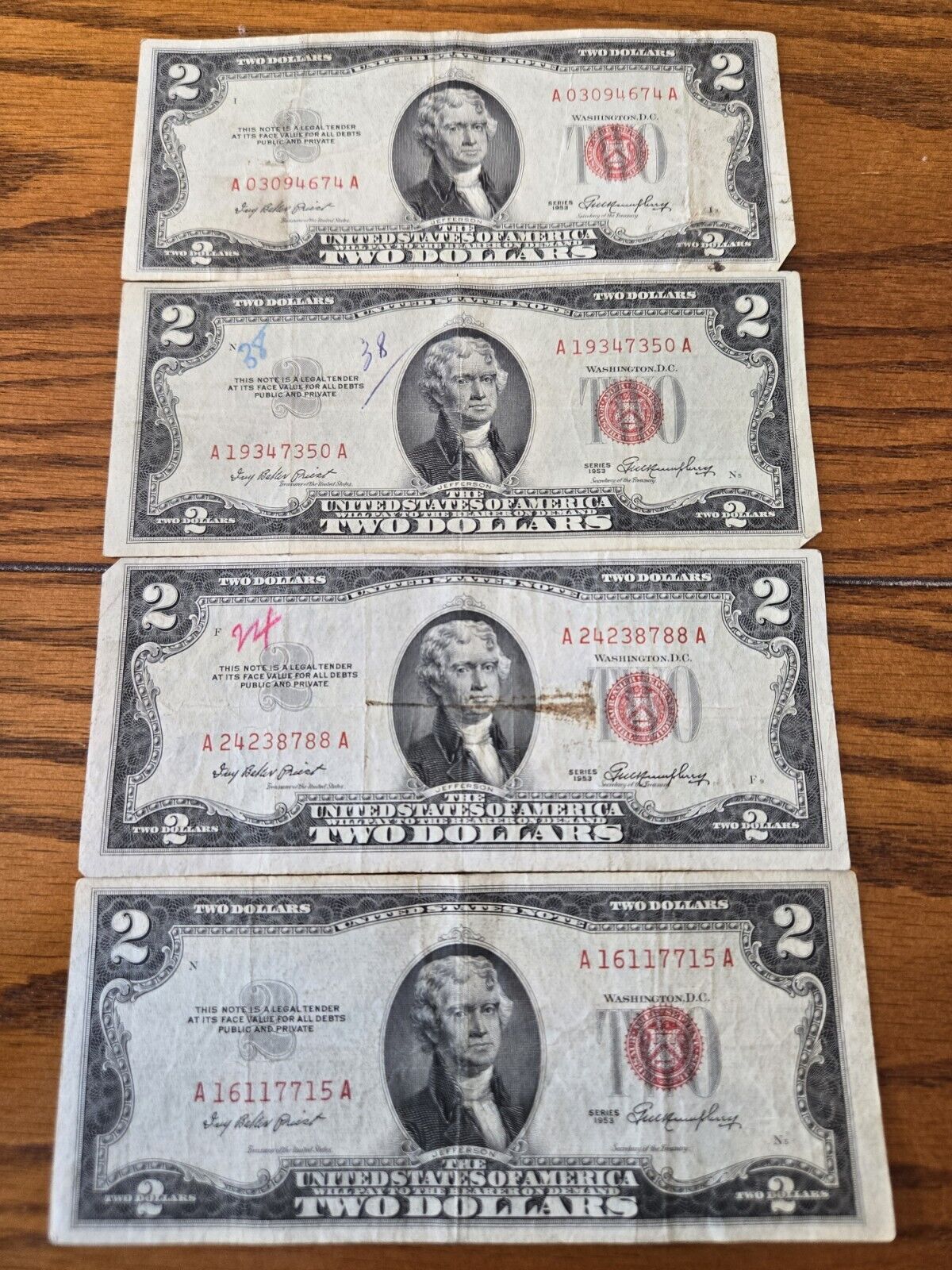 Two Dollar Note Red Seal 1953✯ US $2 Bill ✯ Old Paper Lot Of 12 Currency ✯