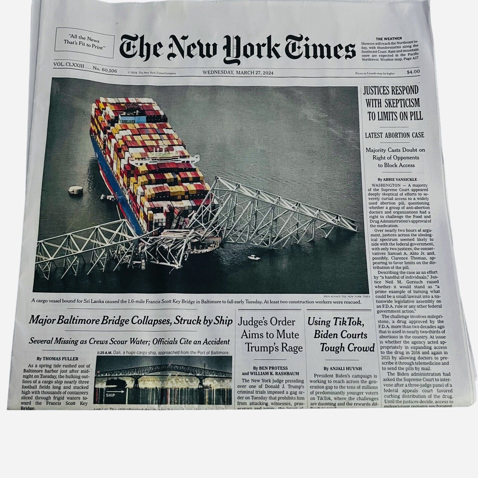 The New York Times Newspaper March 27 2024 Baltimore Bridge Collapse, Accident