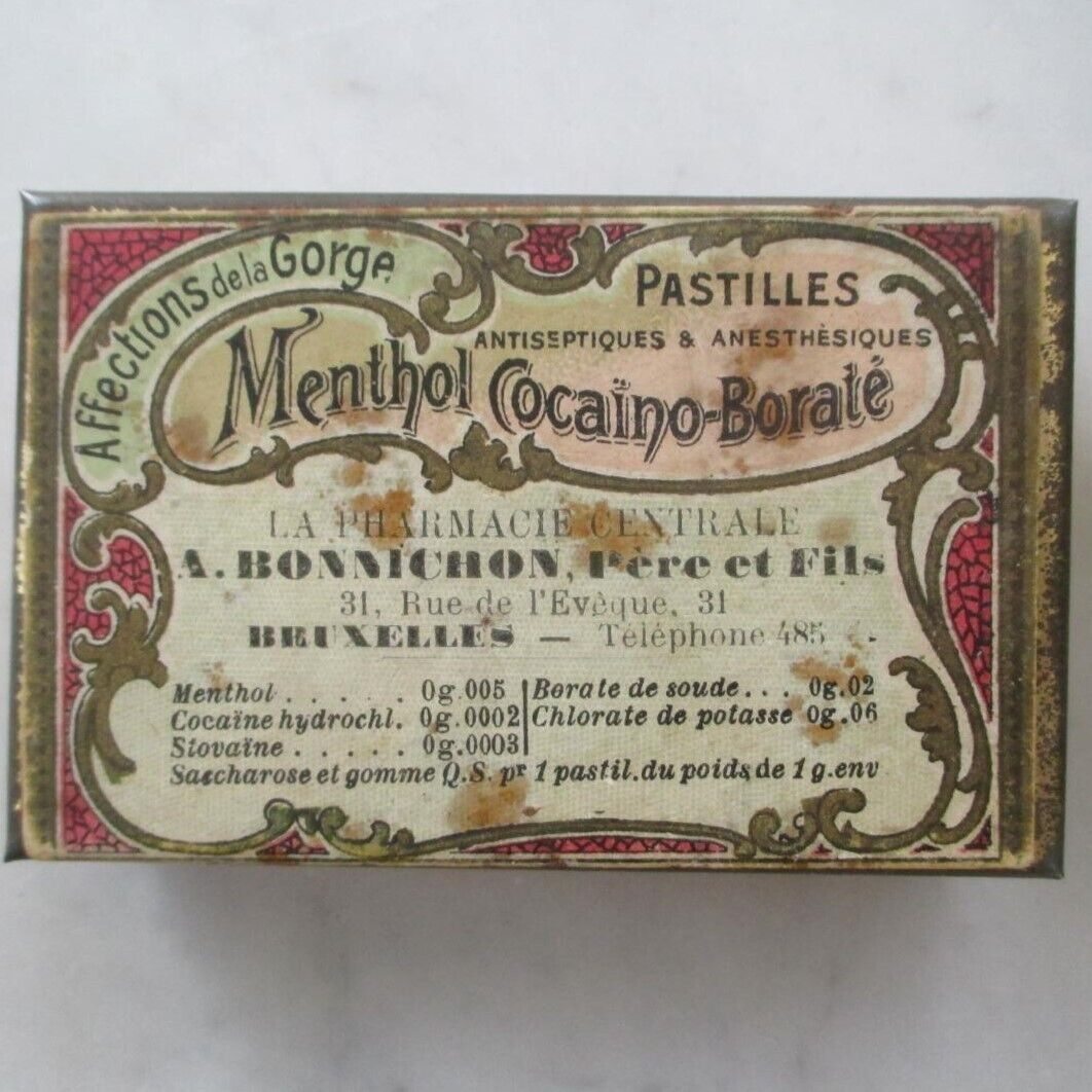 Cocaine 1890s French Tin Drug Pharmacy Pill Box Menthol Cocaino Borate Pastilles