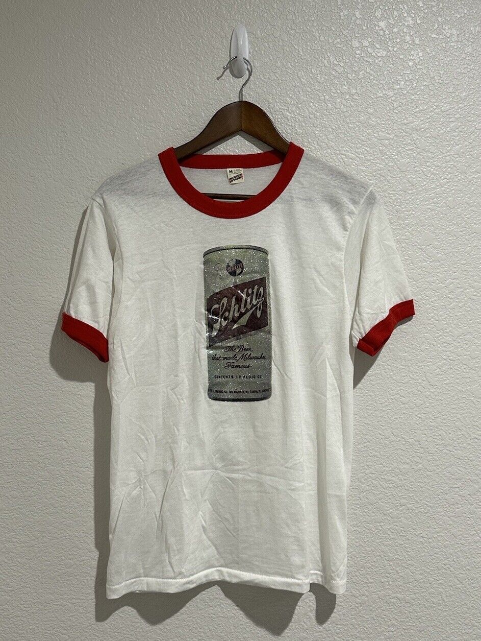 VINTAGE Schlitz Beer Shirt Adult Size Medium White Ringer Tee Mens 1980s