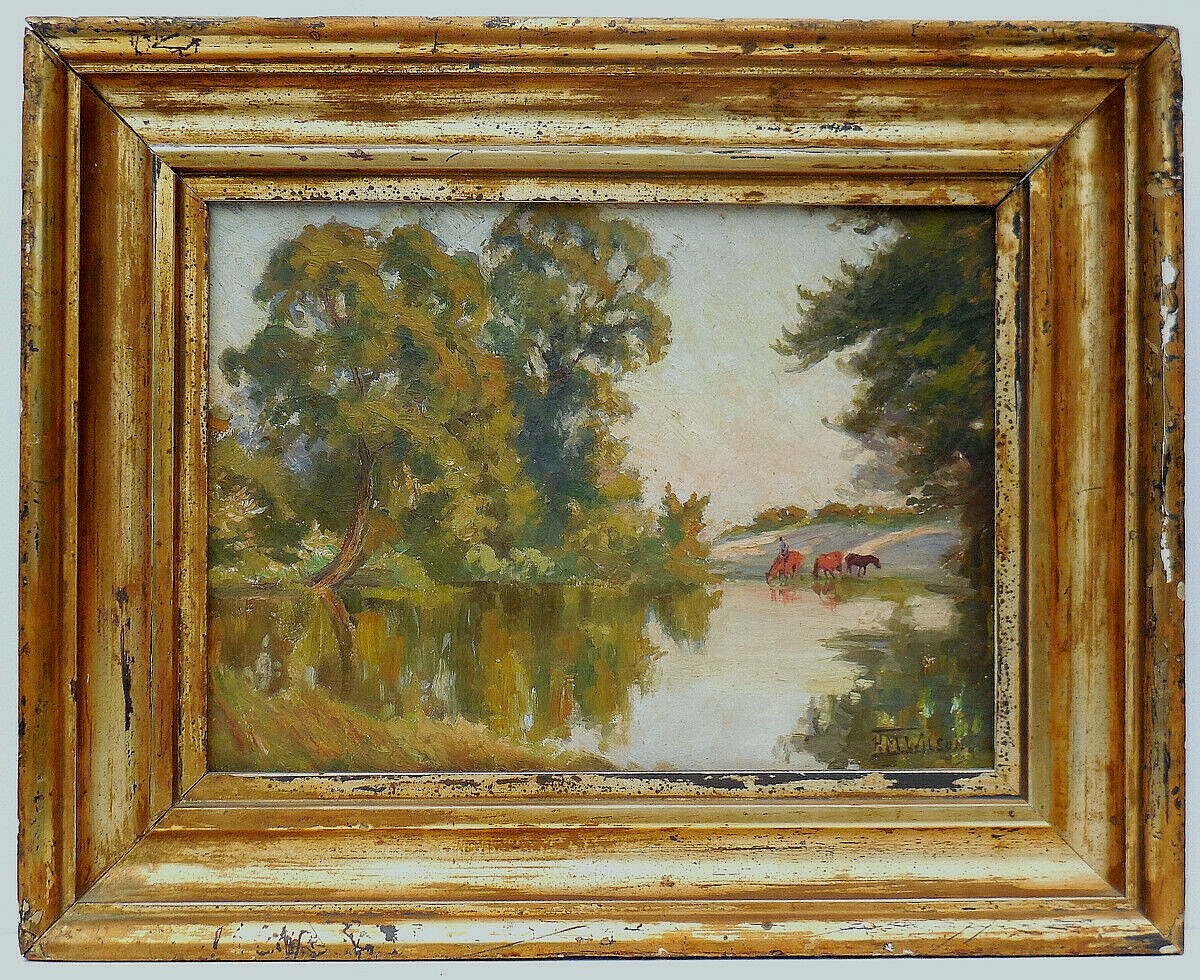 H.M. Wilson (British, 1873-1923) Impressionist Oil Painting on Panel Horses Lake