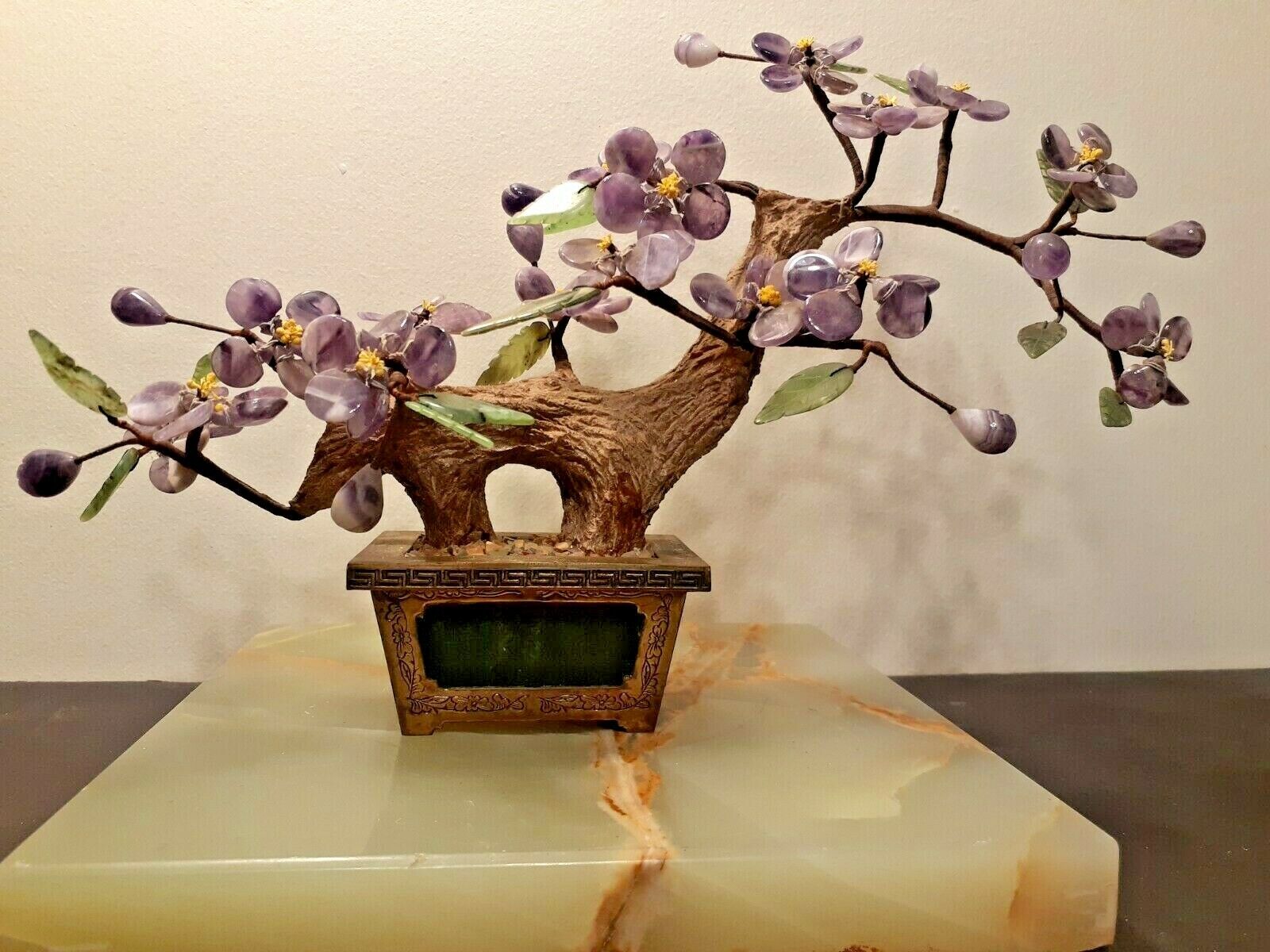 Vintage Chinese Sculpture Bonsai Amethyst and Nephrite Tree