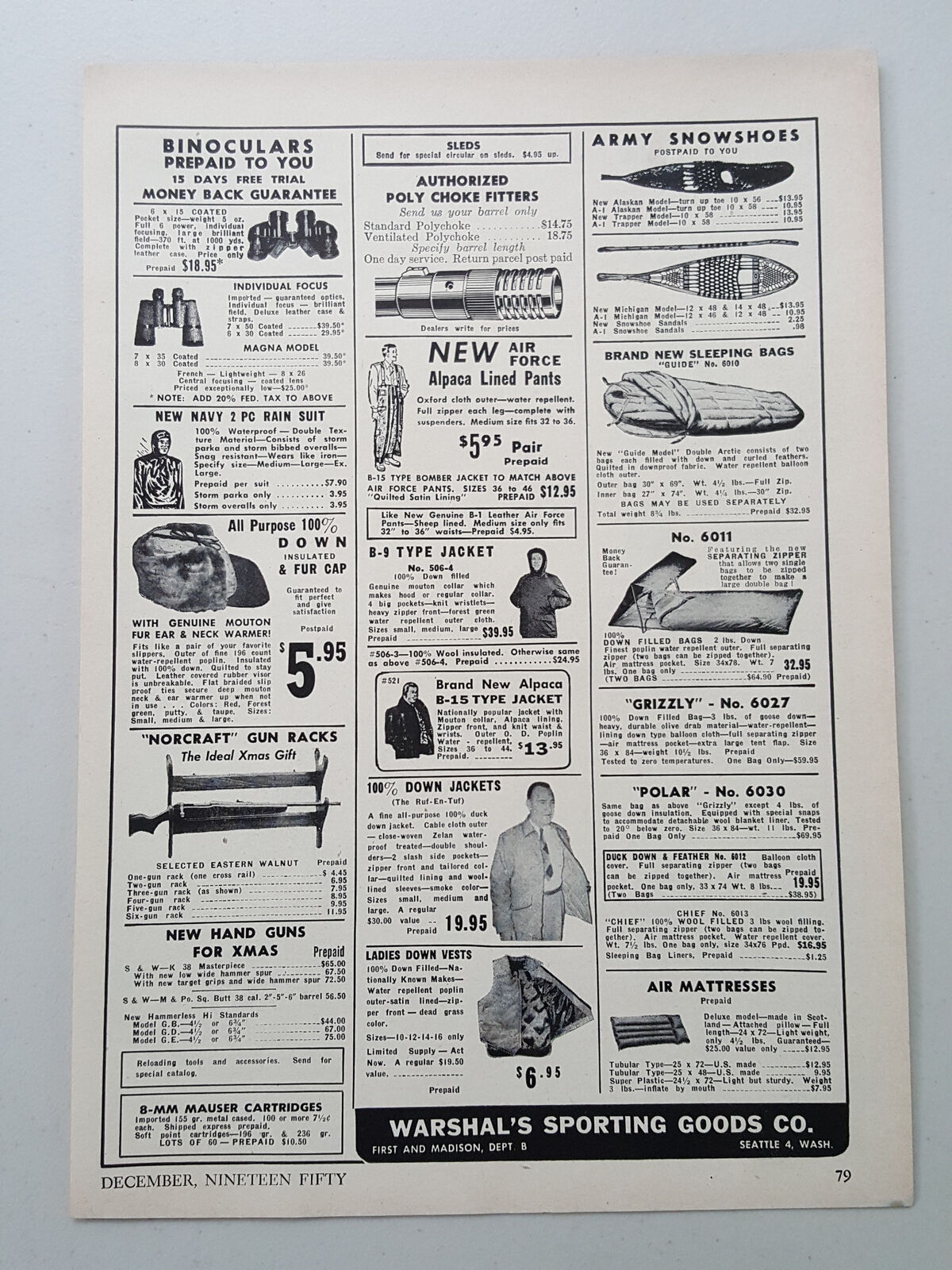 1950 Warshal\'s Sporting Goods Binoculars Jackets Caps Vintage Magazine Print Ad