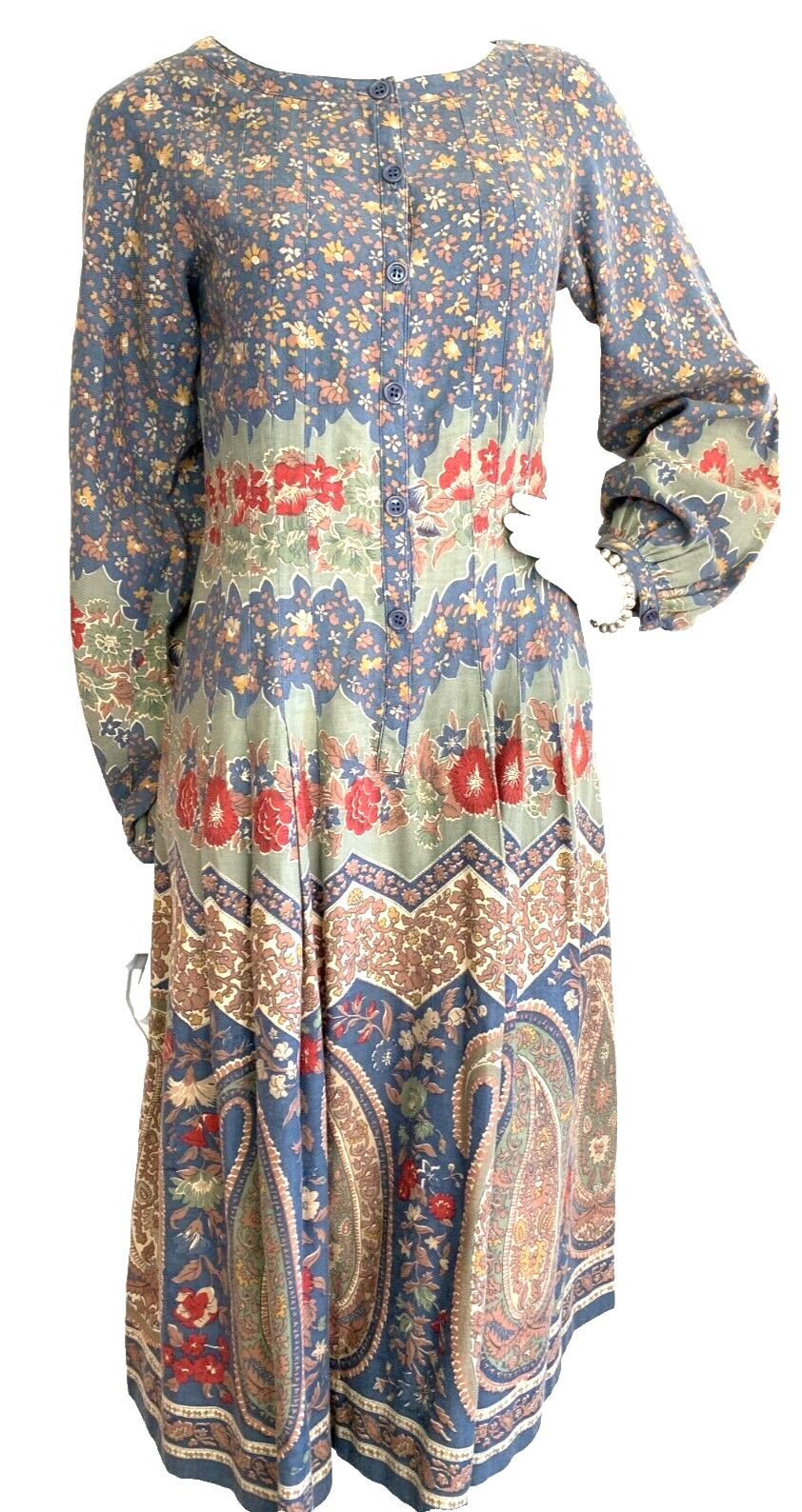 Vintage 70\'s Albert Nipon Montaldo Dress Midi Floral Paisley ILGWU Blue M EUC