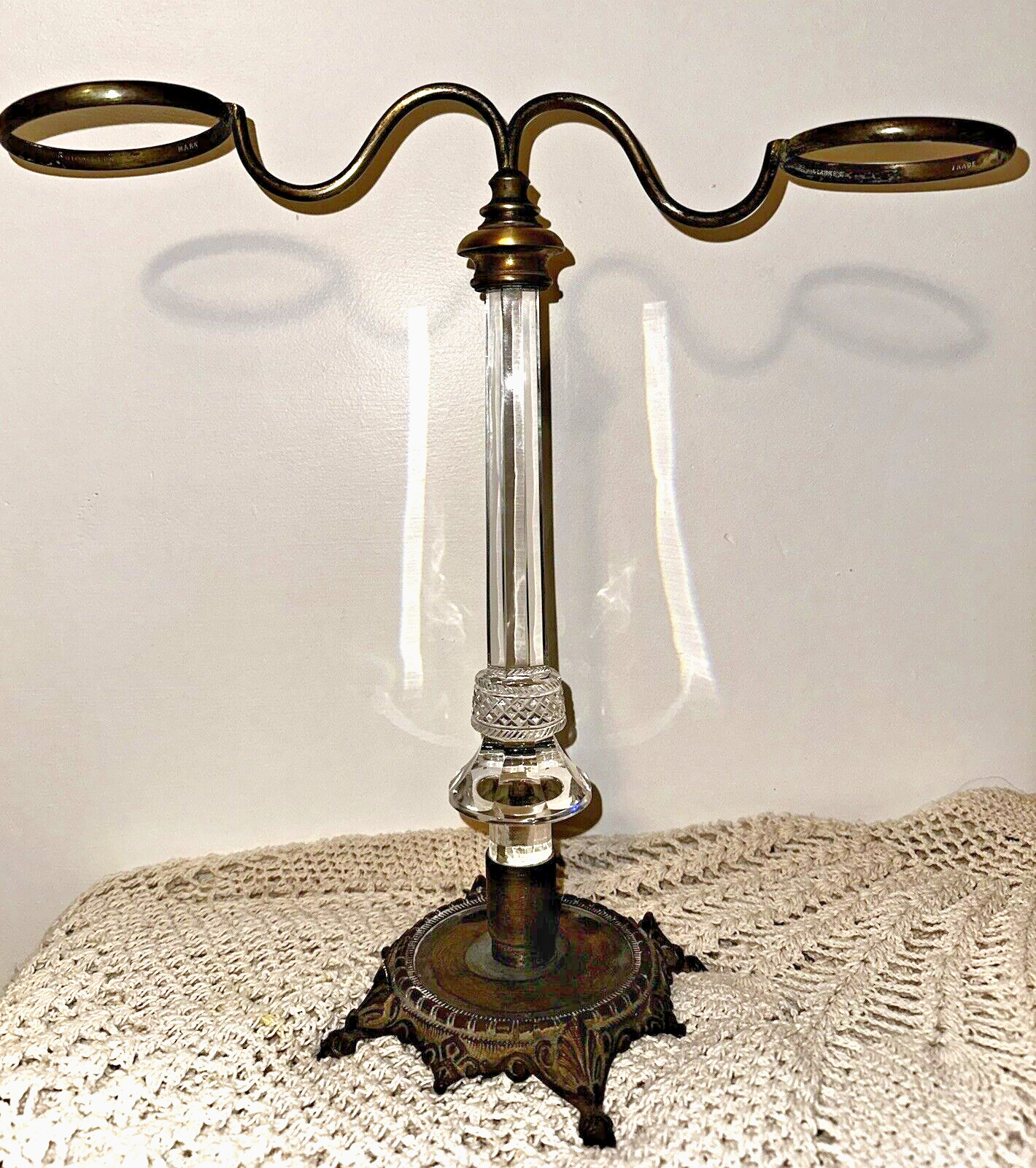 Antique CLARKE'S CRICKLITE Double Fairy Lamp Holder Elegant Brass & Glass Stand