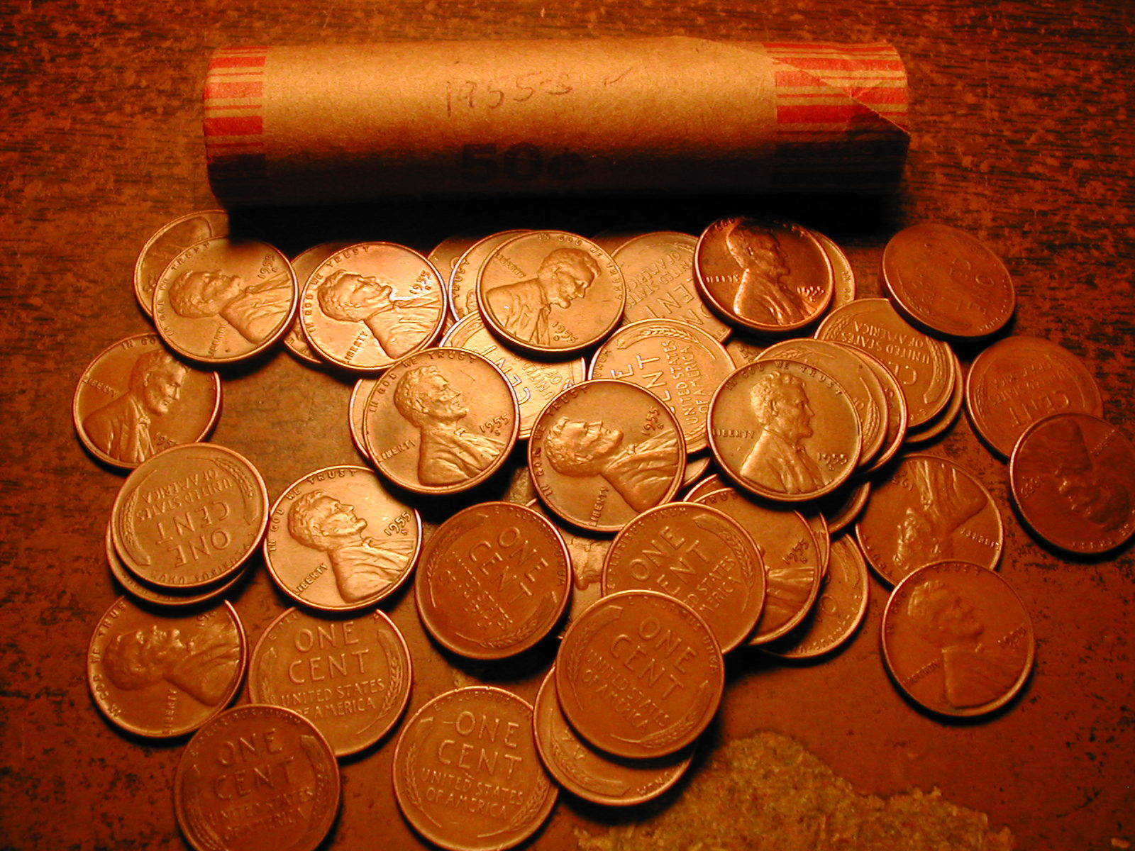 1955-S LINCOLN WHEAT CENT PENNY ROLL, 50 NICE COINS