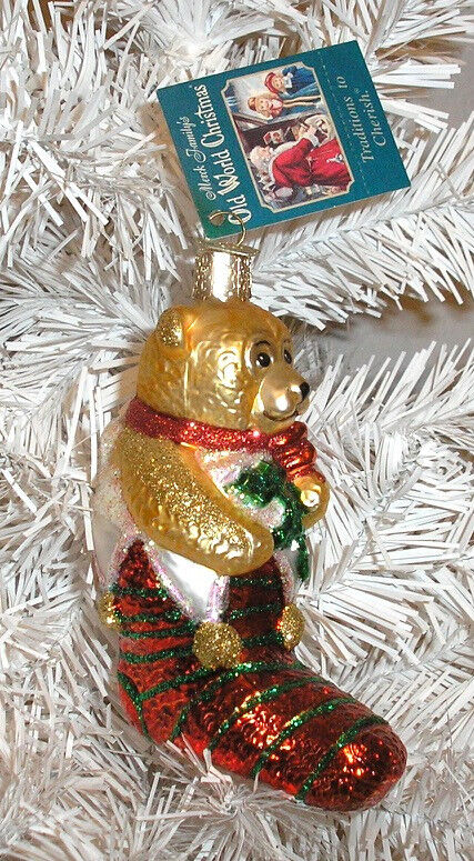 2001 TEDDY BEAR IN STOCKING - OLD WORLD CHRISTMAS BLOWN GLASS ORNAMENT NEW W/TAG
