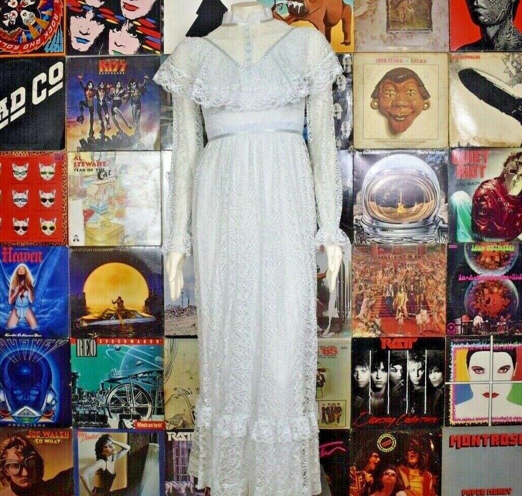 True Vintage 60s Boho Lace Wedding Formal Gown Dress Victorian Gunne Look Blue