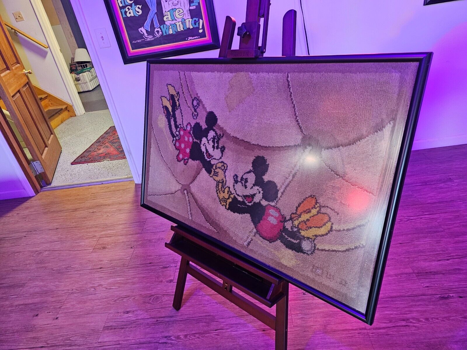 Mickey mouse Carpet from the 1940s framed as found 28 x45