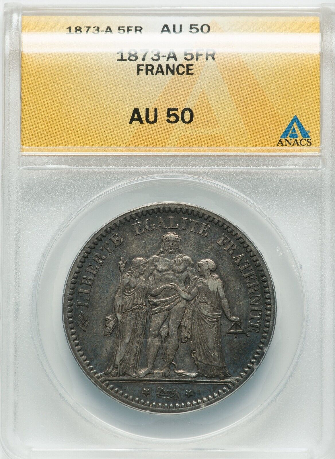 France 1873-A 5 Francs - Paris Mint - ANACS AU 50 - BEAUTIFUL TONE