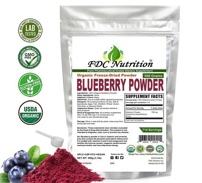Pure Organic Blueberry Powder 17.6oz (500 Grams) - Pure, Gluten Free- Freeze Dry