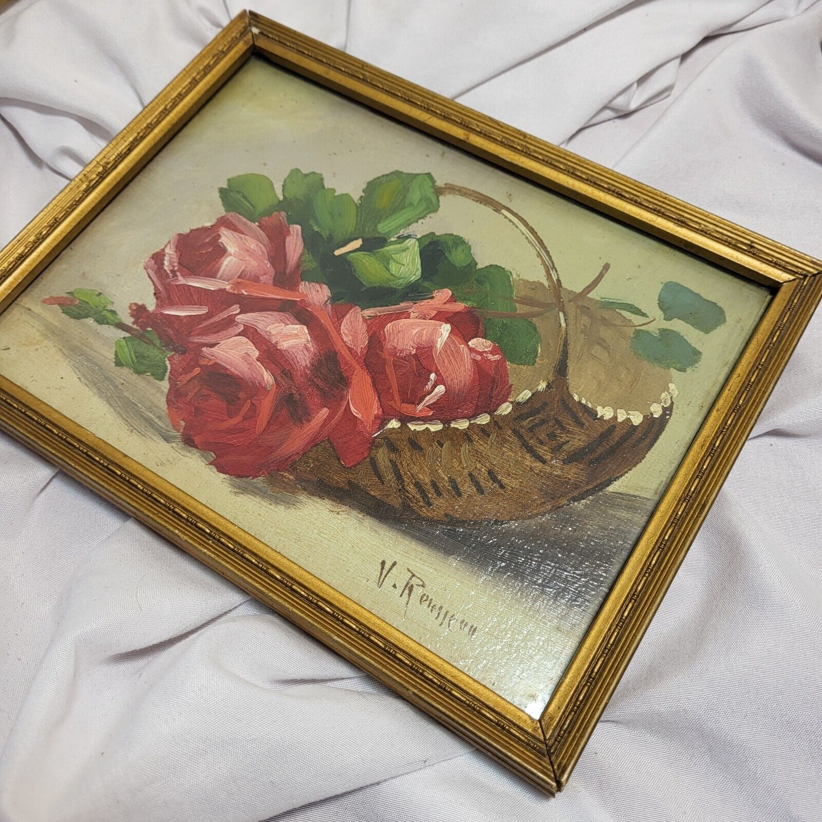 Antique Oil Painting Roses Framed 7x9 signed