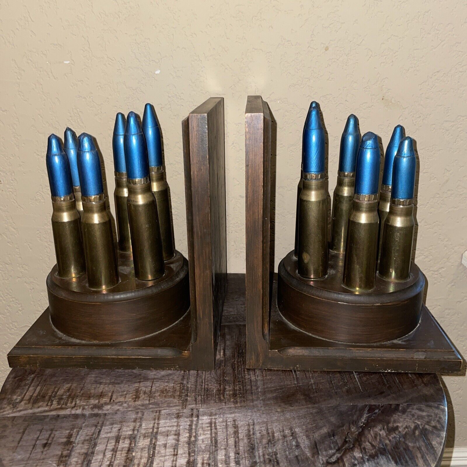 Vintage TRENCH ART LARGE BULLET BOOK ENDS With Wood Base