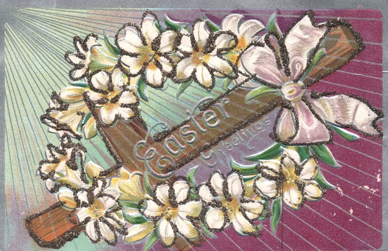 Vintage Postcard Easter Greetings Embossed Flower Petal In Holly Cross Greetings