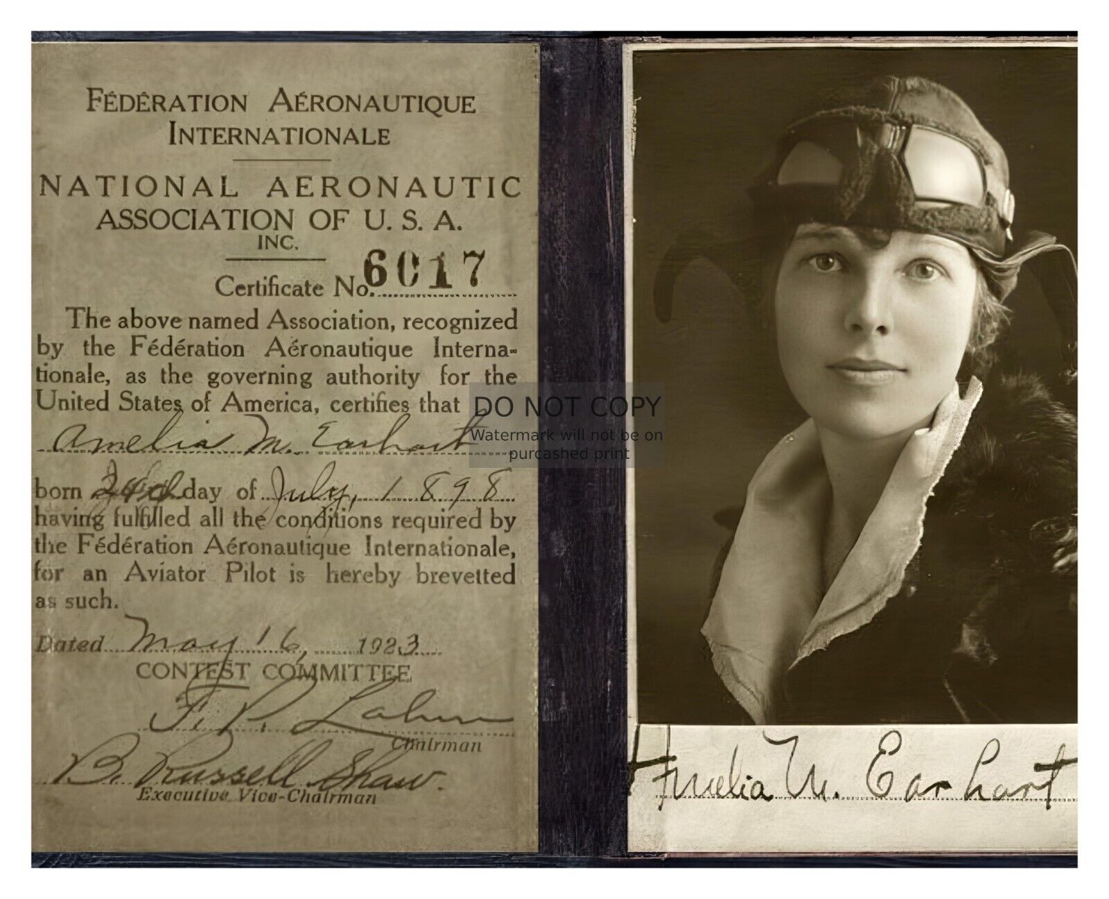 AMELIA EARHART'S PILOT LICENSE FROM 1923 AVIATRIX AUTOGRAPED 8X10 PHOTO