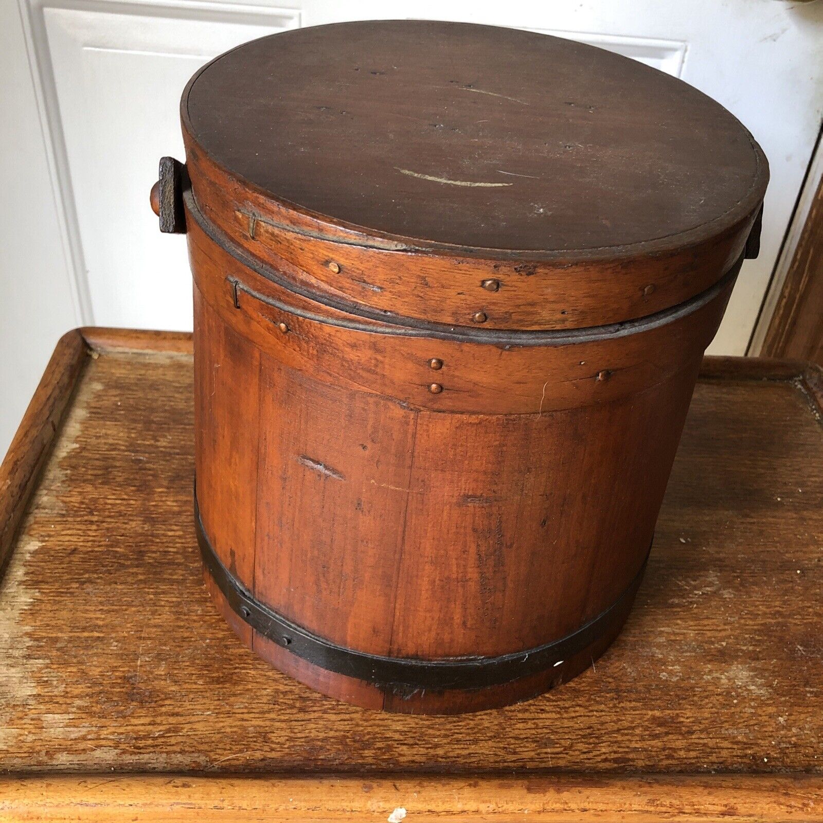 Vintage Wooden Firkin Sugar Bucket Wood Handle & Lid