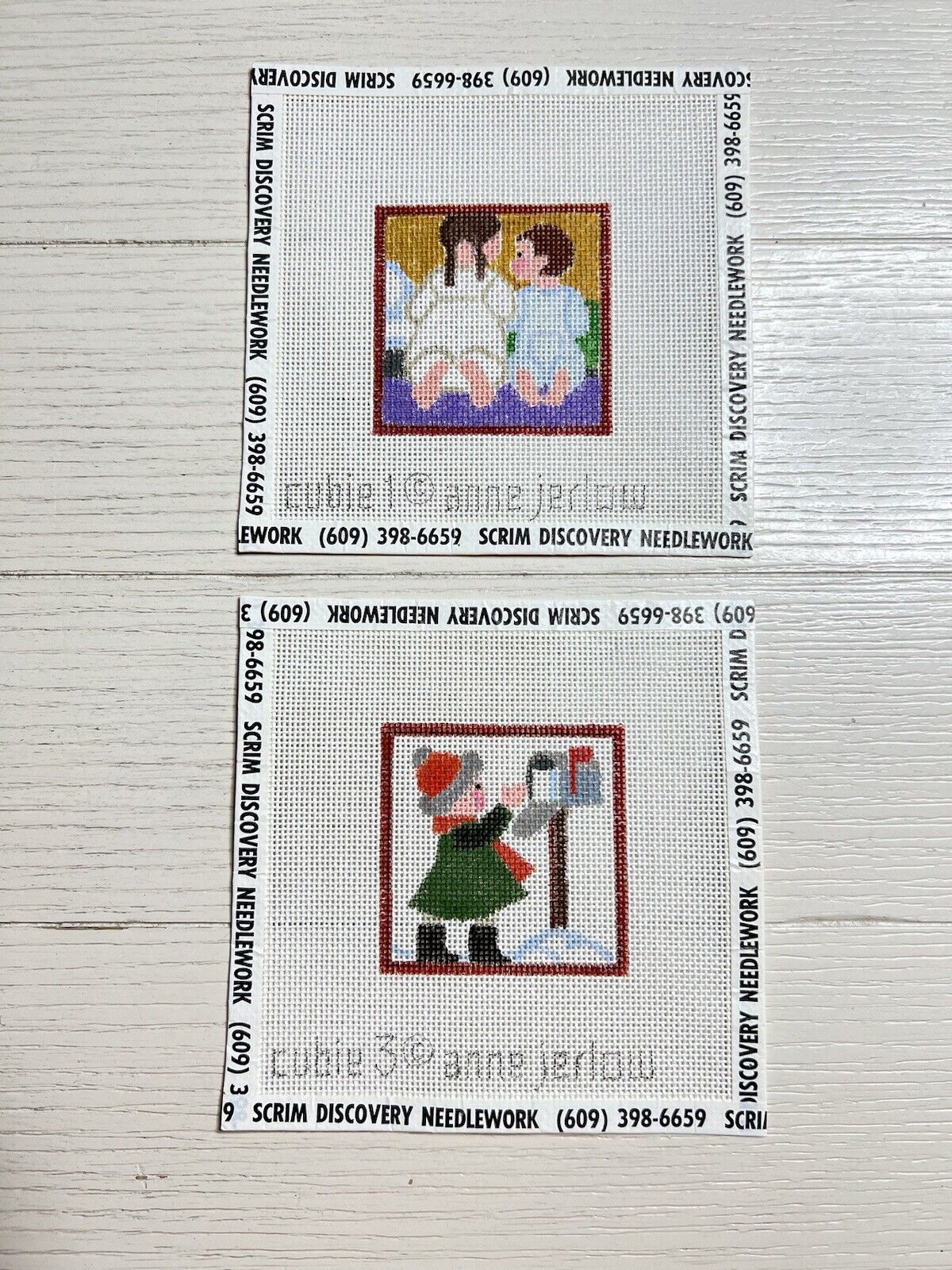 Set Of 2 Anne Jerlow Hand Painted Needle Point Canvas Cubie 1 & 3 Mesh 18