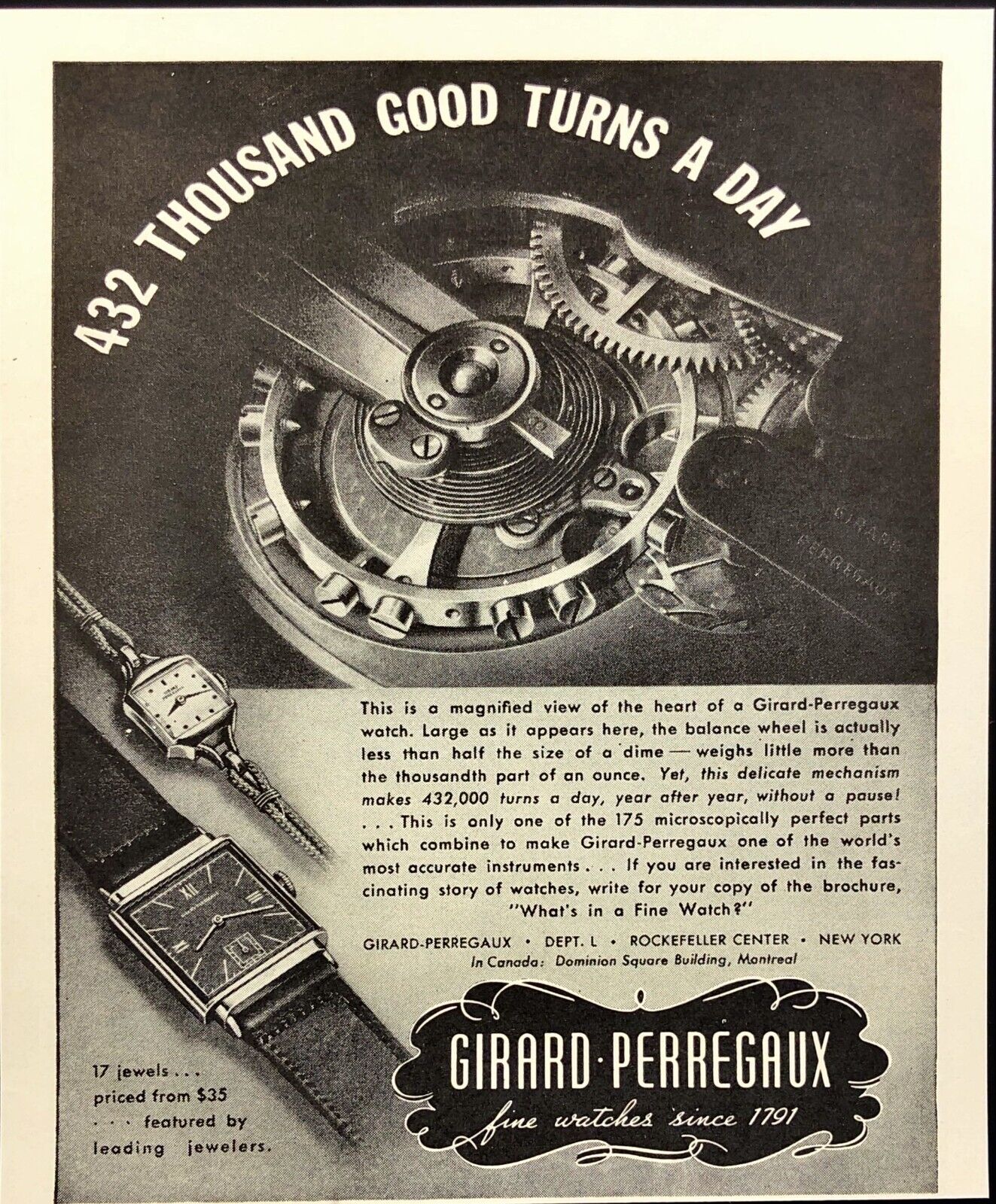 1942 Girrard Perregaux Fine Wrist Watches Internal Workings Vintage Print Ad