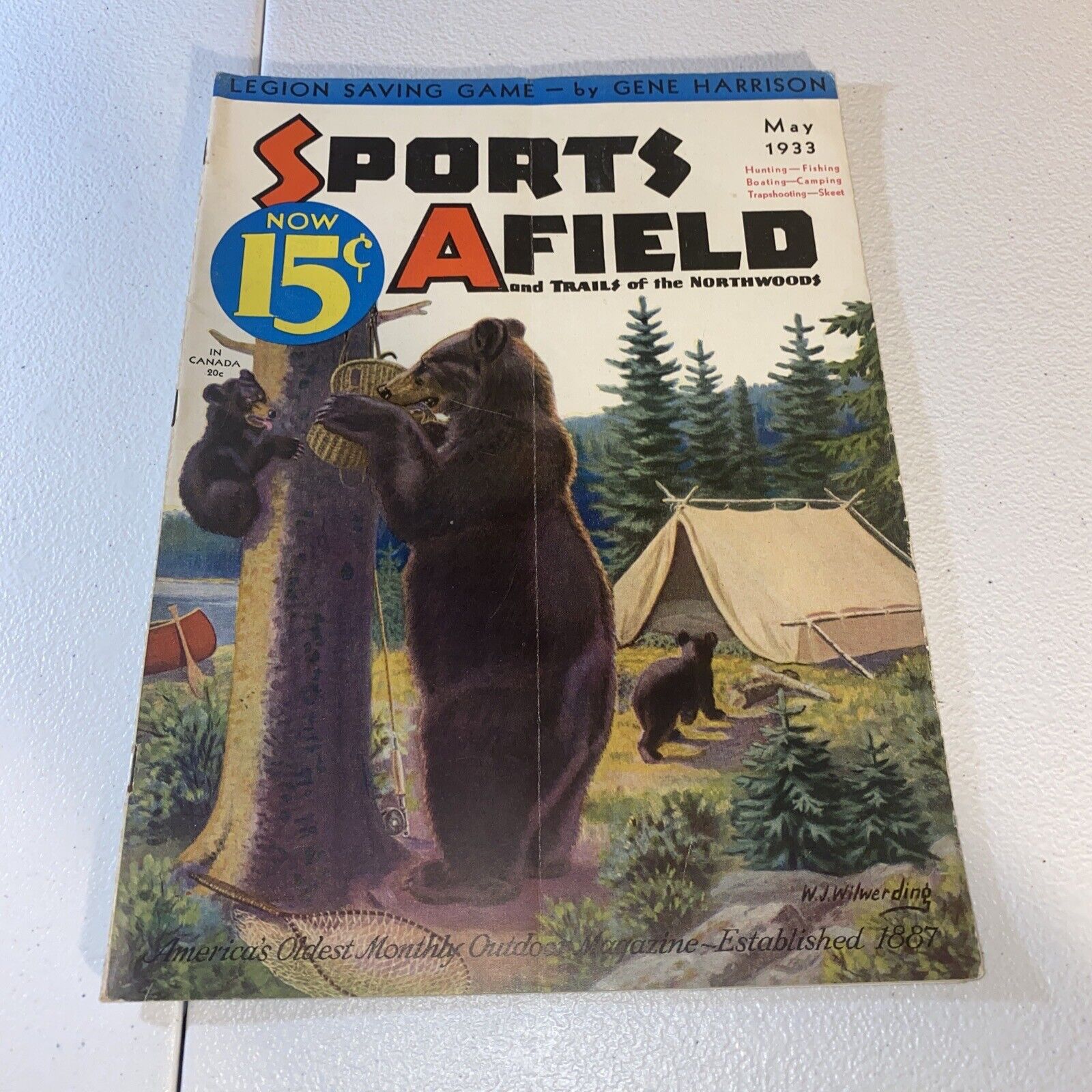 1934 May SPORTS AFIELD W.J. Wilwerding Cover Bear Family In Camp
