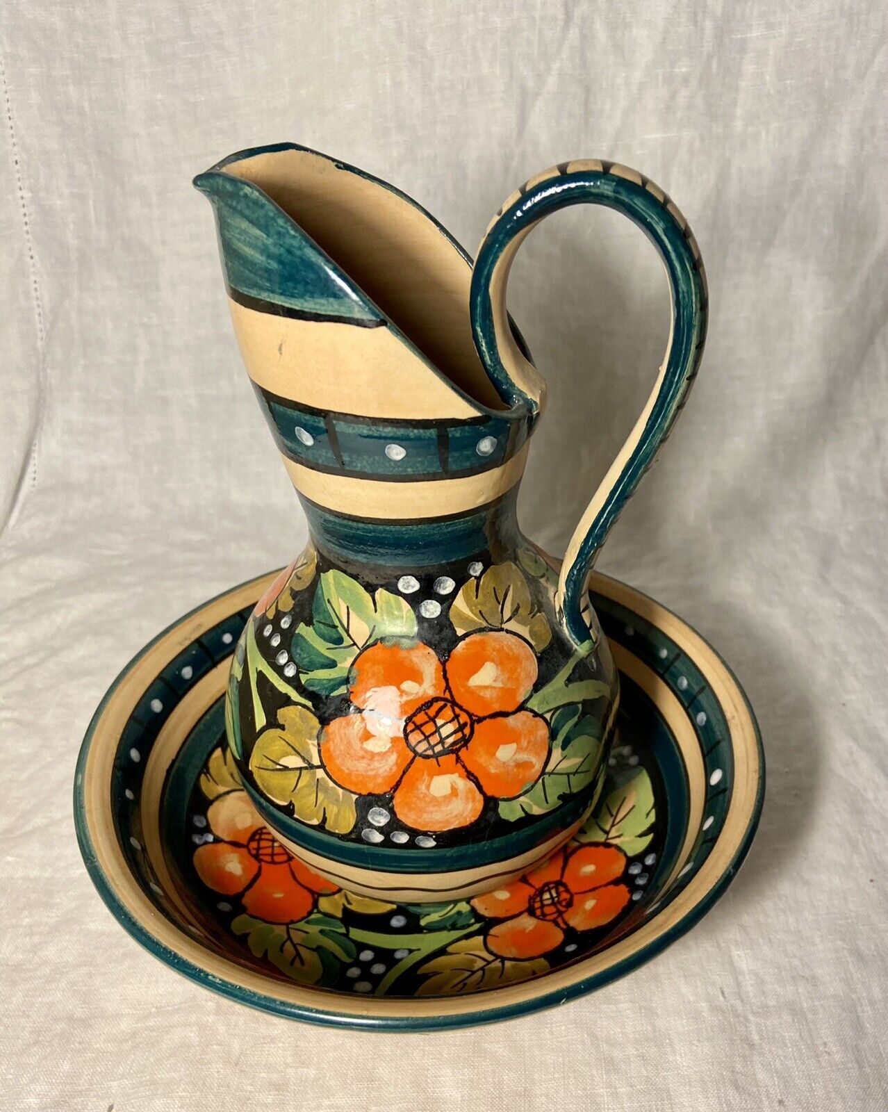 Vtg Italian Pottery Pitcher & Bowl Set 1988 Hand Made & Painted Floral Design 8”
