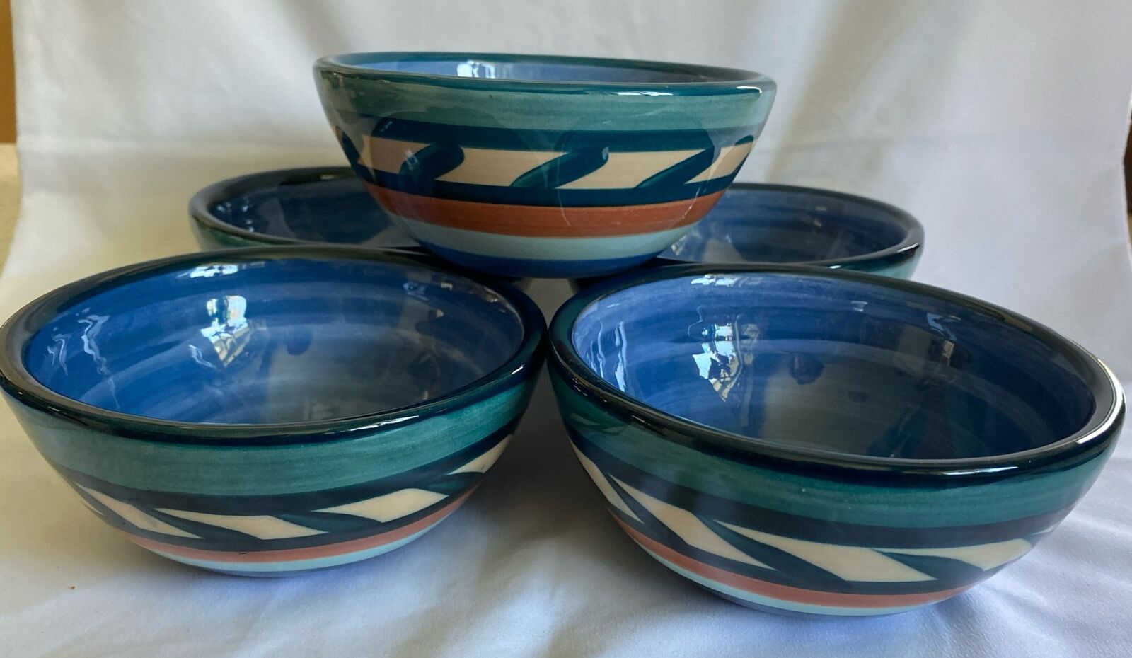 5 Vintage Gail Pittman Blue Azalea 6” Cereal Bowls Signed 1995 Mississippi