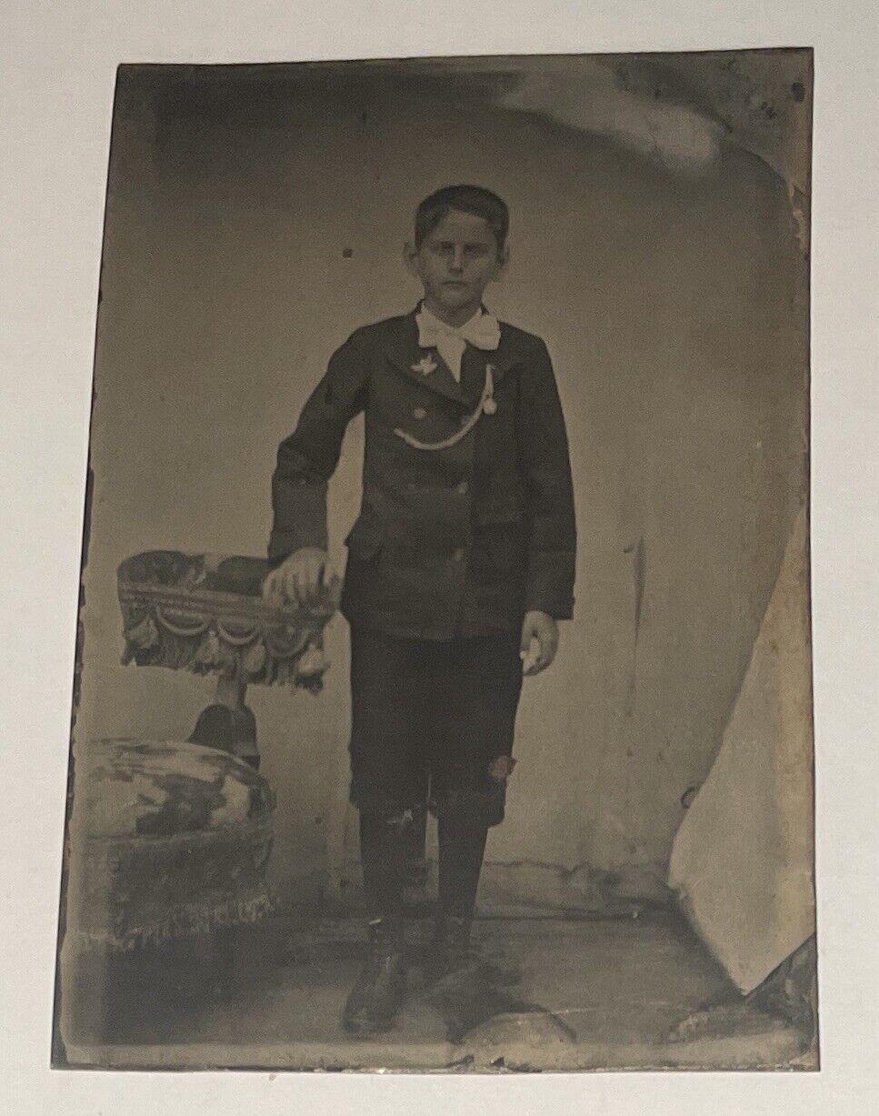 Vintage Tintype Boy Standing w/Hand on Table in Decorated Jacket/Gold Chain/Pin