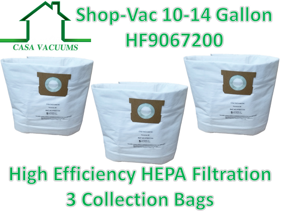 Casa 3 Pk Shop Vac 9067200 10-14 Gallon HEPA Disposable Collection Bag F 90662 