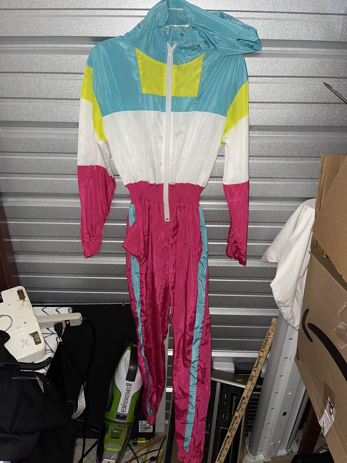Retro 80s Style Neon Pink Colorblock Nylon JumpSuit Small (WTF35)