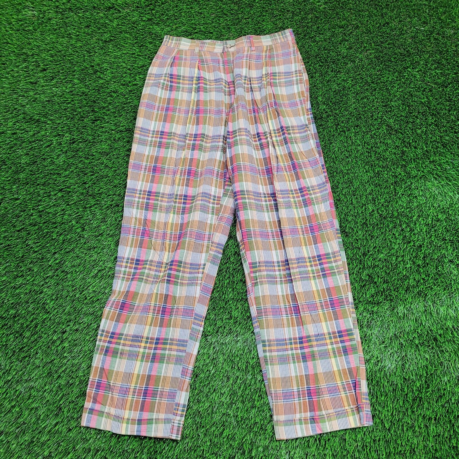 Vintage 80s J-Crew Colorful Funky Cuffed Pants 30x29 (32) Madras Plaid Orange