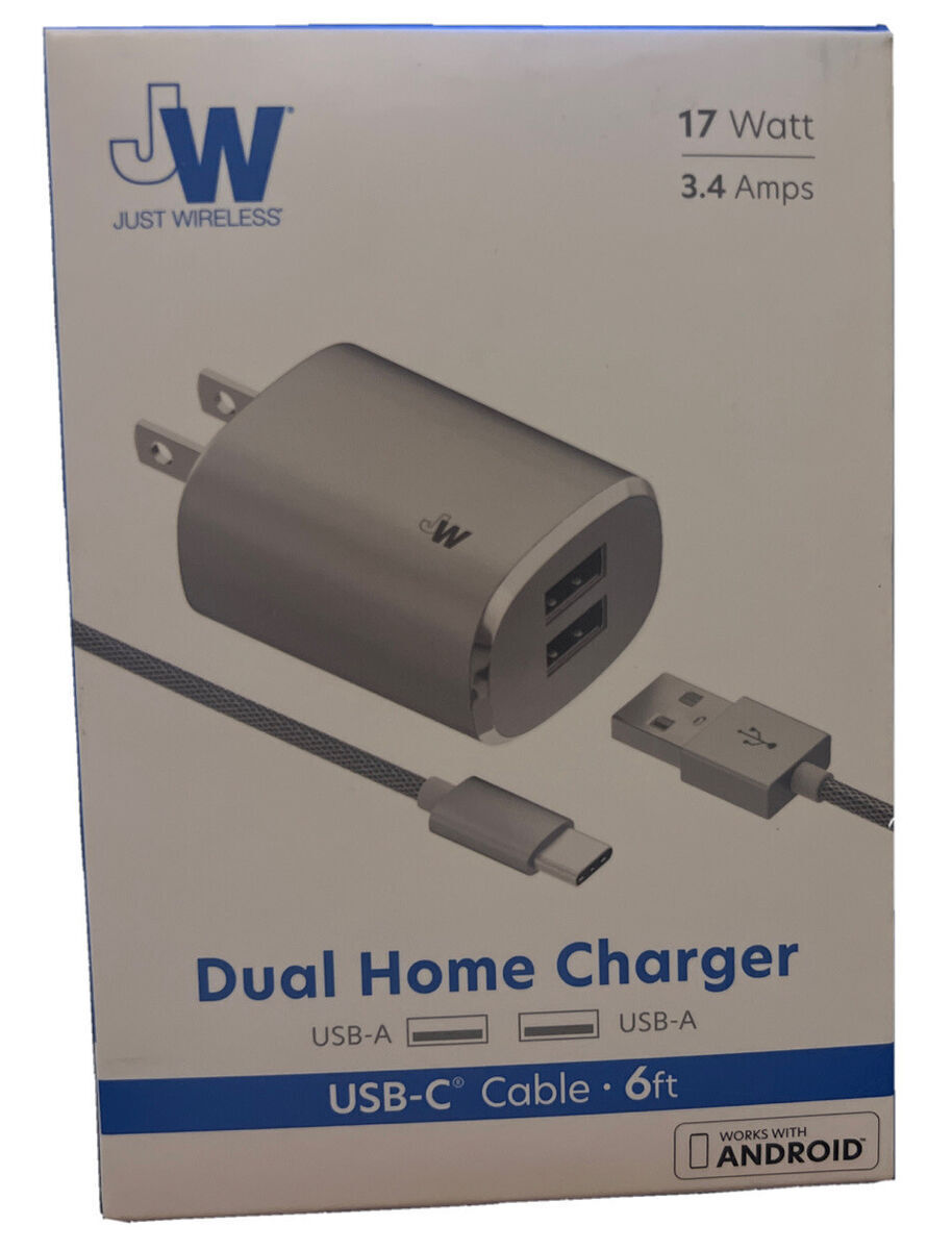 Just Wireless Dual Home Charger USB - C to USB - A Cable 6' 3.4A/17 Watt