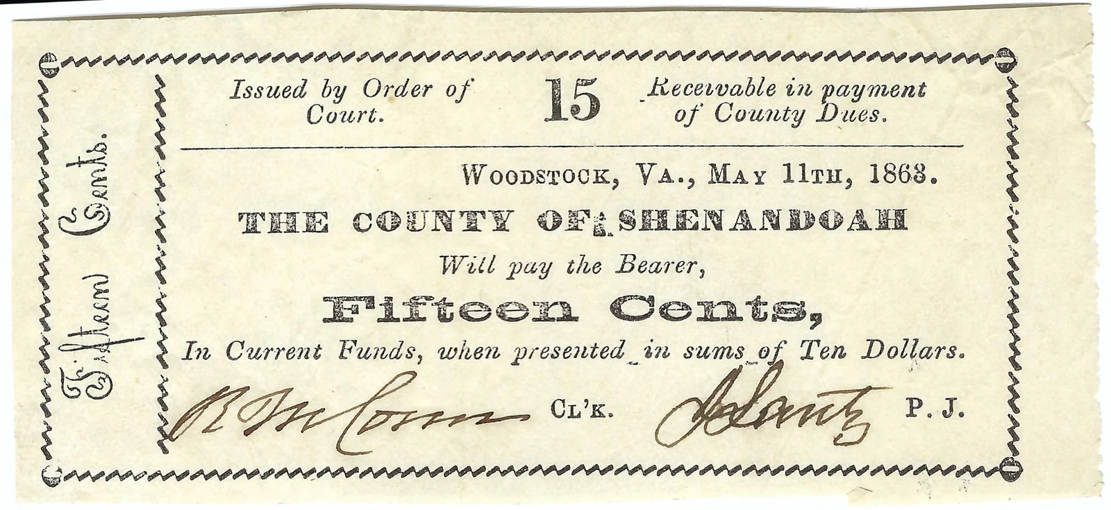 1868 15 Cents, County of Shenandoah, Shenandoah VA, Obsolete Bank Note